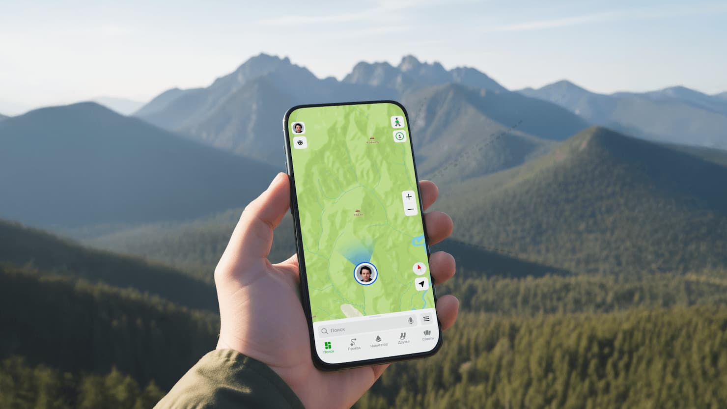 Смартфон с офлайн-картой 2ГИС в путешествии без доступа к интернету